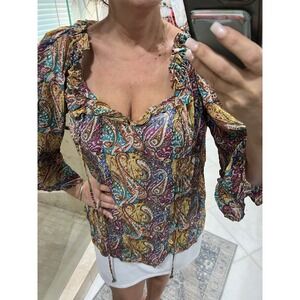Tolani Silk Tunic Blouse M Multicolor Paisley V-Neck 3/4 Balloon Sleeve Top